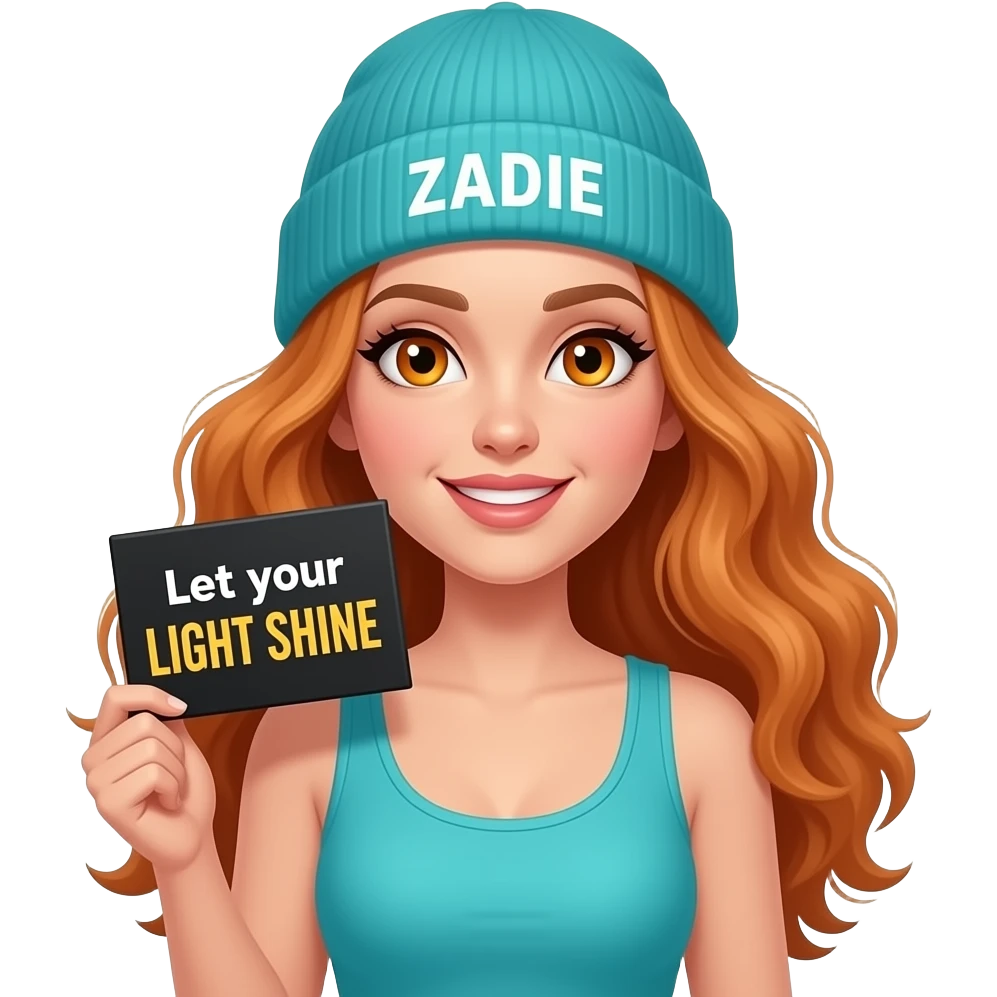 sexy girl with overlong wavy ginger hair and ginger eyes wearing a turquoise tanktop and a turquoise beanie with ZADIE written on it, is holding a black sign with Let your LIGHT SHINE written on it emoji