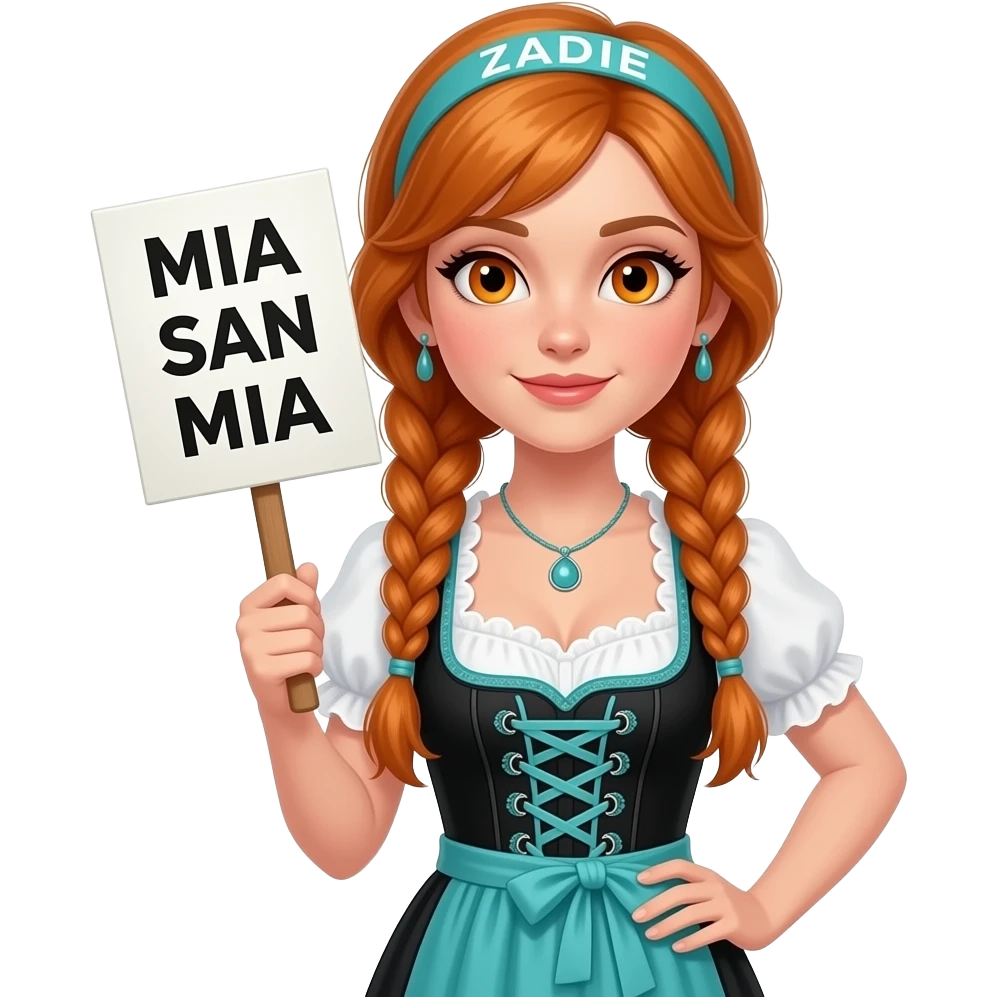 sexy girl with overlong ginger braids and ginger eyes wearing a black turquoise dirndl and a turquoise headband with ZADIE written on it, is holding a sign with MIA SAN MIA written on it emoji