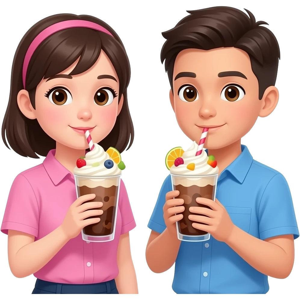 Estudiantes con blusa rosada y azul comsumiemdp un vaso de chocolate con frutas y crema blanca emoji