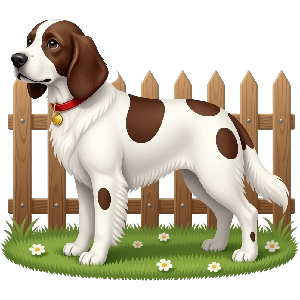 The English Setter stays safely within the fenced yard. emoji
