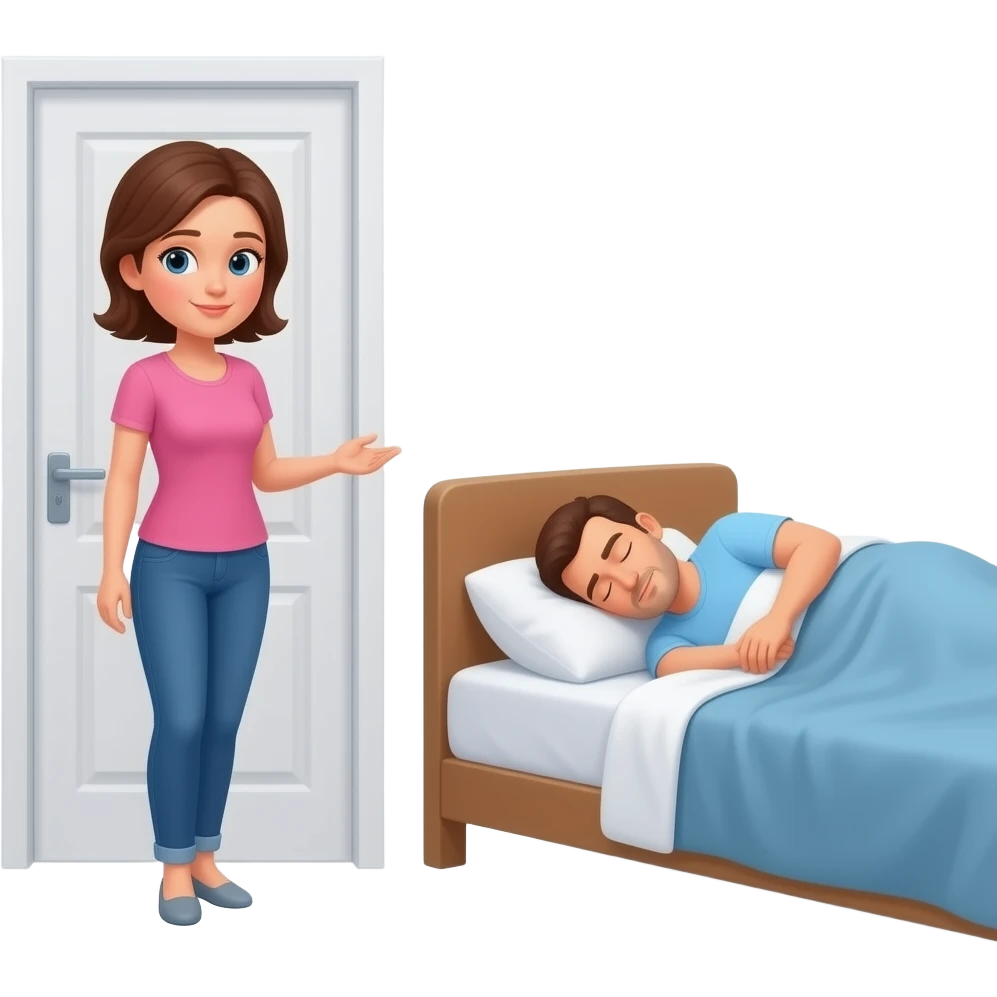 woman by room door looking at husband sleeping in bed, emoji