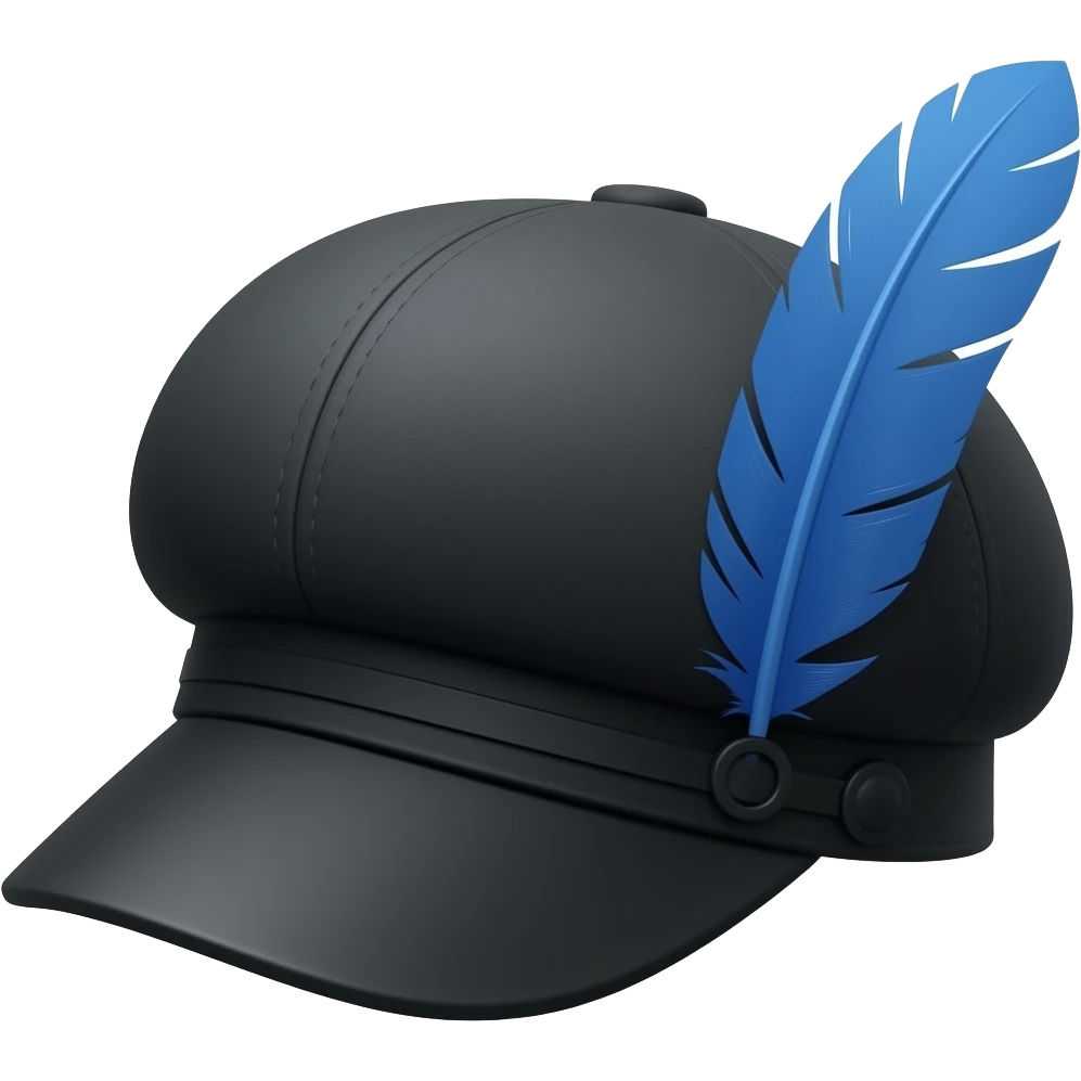 Black Breton Brixton fiddler cap with a blue feather on the side emoji
