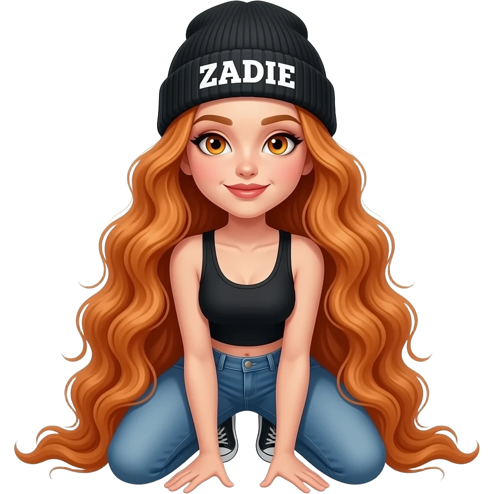 sexy girl with overlong wavy ginger hair and ginger eyes wearing a black tanktop and a black beanie with ZADIE written on it,  is on her knees emoji