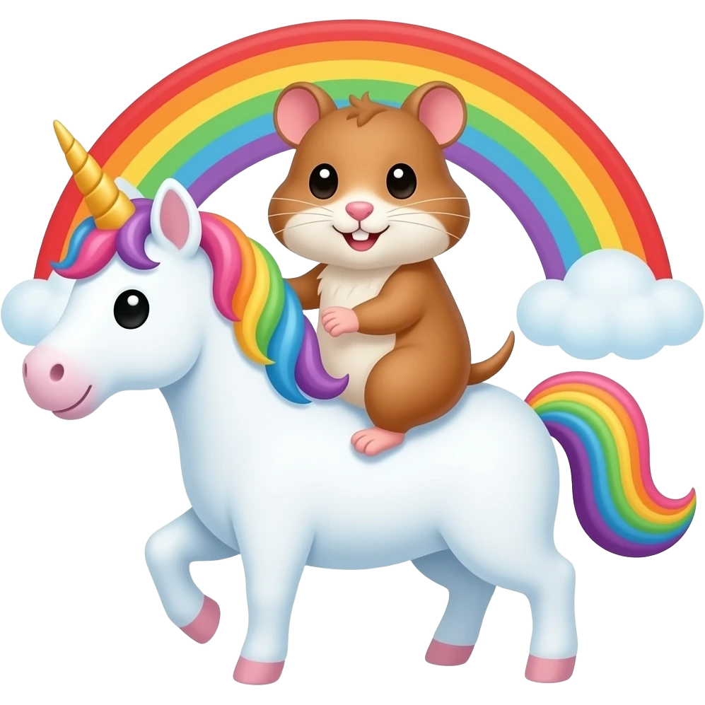 a hamster riding a unicorn in a rainbow emoji