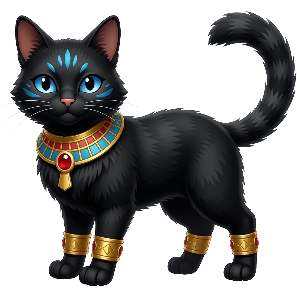 Realistic furry fuzzy Black godly overpowered ethereal majestic oriental ancient Lykoi-Caracal-Cat-Fakemon. With gold bangles, red rubies, Egyptian blue eye corner markings makeup, long thin tufted tail emoji