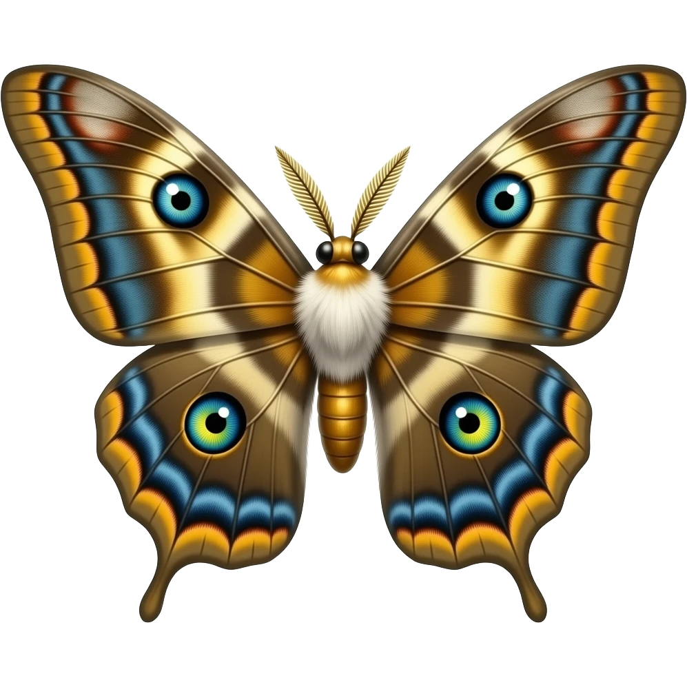 a colossal divine moth-like creature, Massive moth wings with colorful eye patterns, Fuzzy white or golden body, Long antennae, glowing bioluminescence, emoji