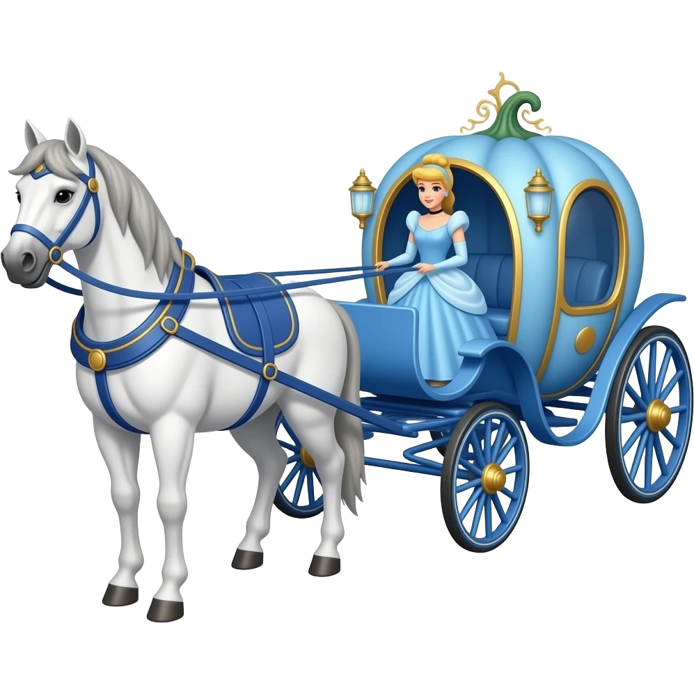 A white horse pulls Cinderella's blue pumpkin carriage. emoji