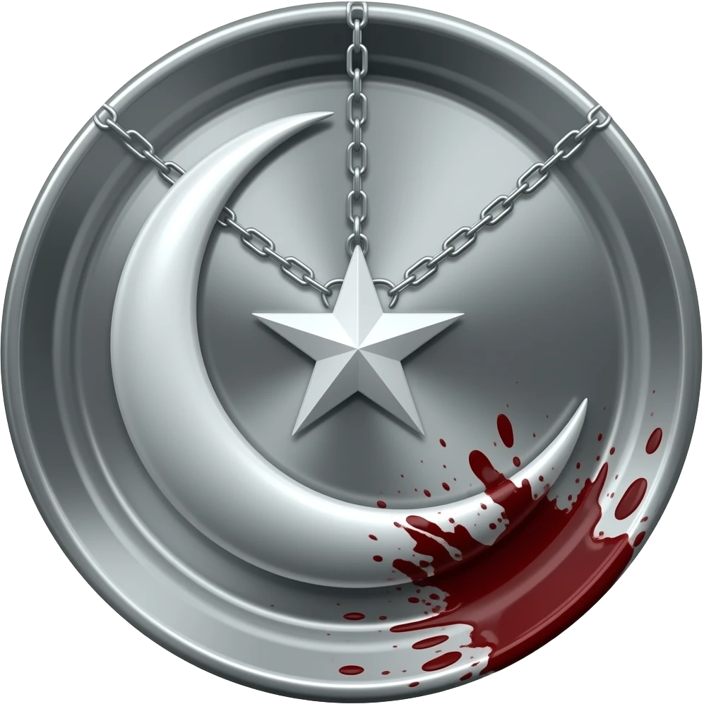 silver metal, a crescent moon, a star in the center, chains hanging, bloodstained bandages emoji
