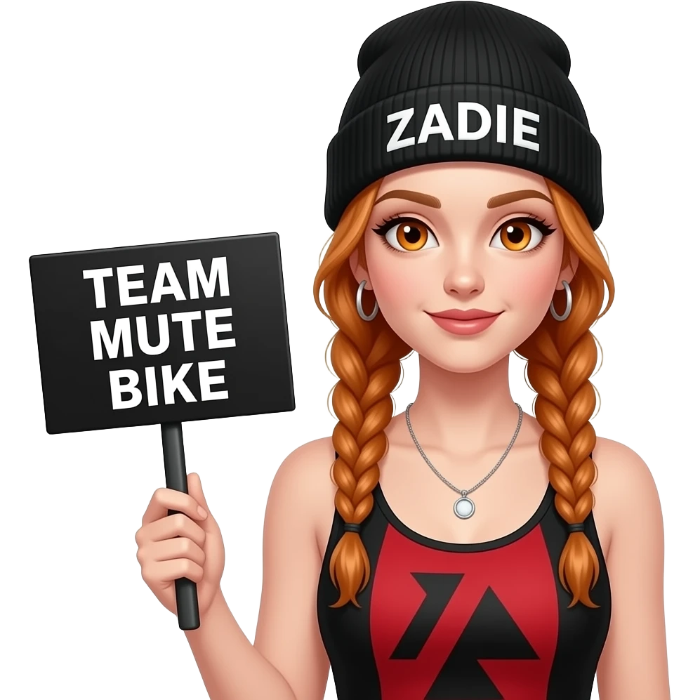 sexy girl with overlong ginger braids and ginger eyes wearing a red black tanktop and a black beanie with ZADIE written on it, is holding a black sign with TEAM MUTE BIKE written on it emoji