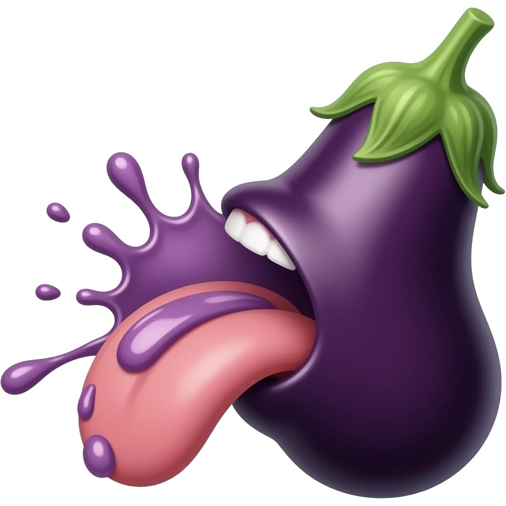 一个舌头在左边舔茄子，茄子喷出汁液 emoji