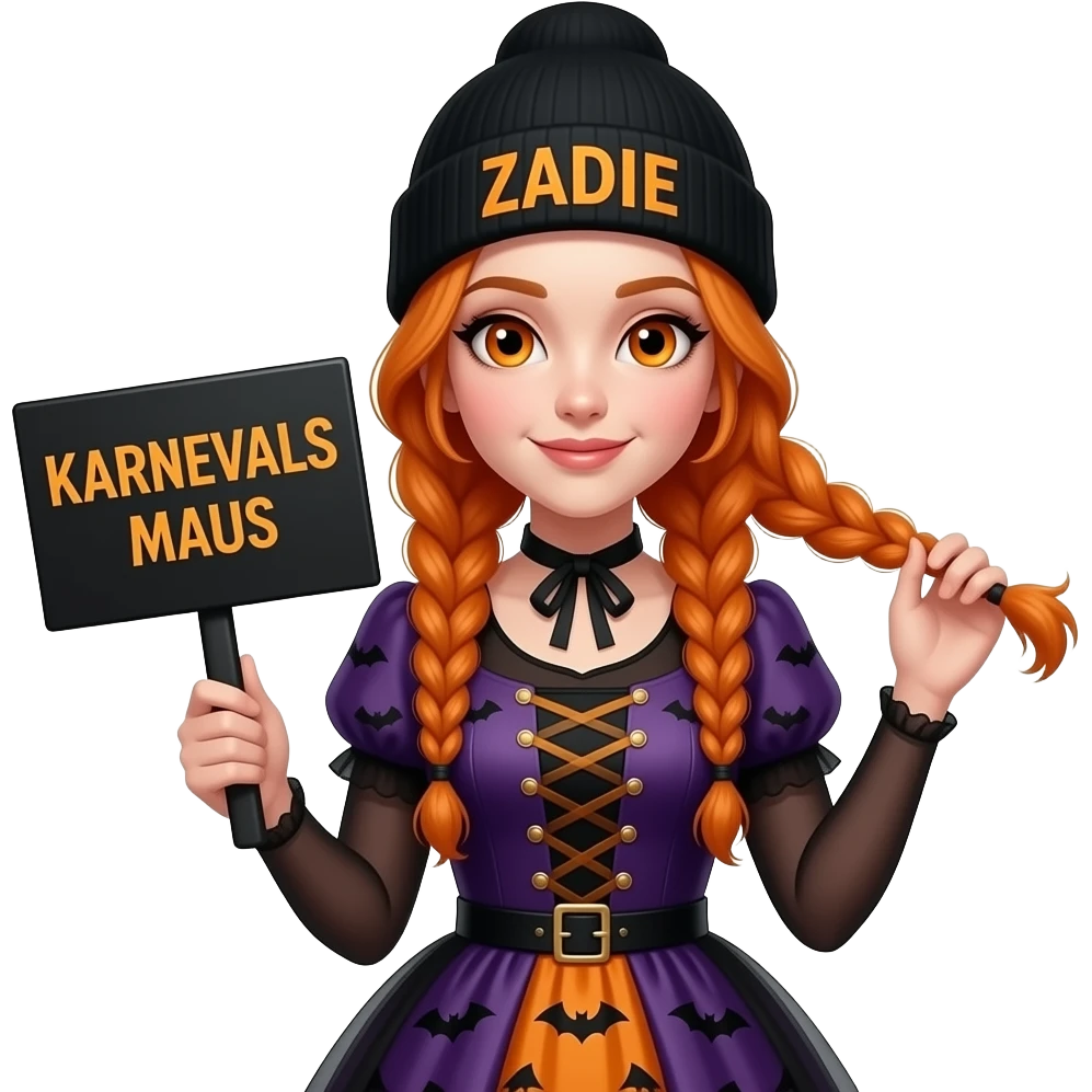 sexy girl with overlong ginger braids and ginger eyes wearing a halloween dress and a black beanie with ZADIE written on it, is holding a black sign with KARNEVALS MAUS written on it emoji