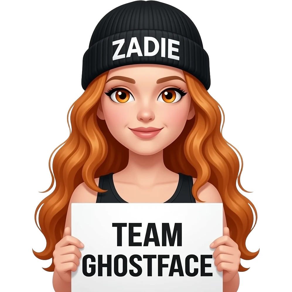 sexy girl with overlong wavy ginger hair and ginger eyes wearing a black tanktop and a black beanie with ZADIE written on it, is holding a white sign with just TEAM GHOSTFACE on it emoji