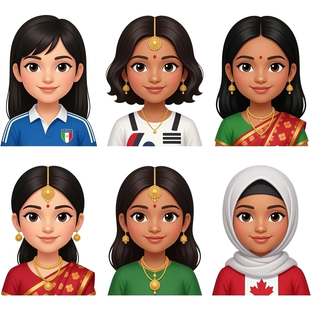 Make 9 girls, one black girl, one Korean girl, one Filipina girl, one Italian/polish girl, one Japanese girl, one Indian girl, one Indian girl, one Canadian girl, and one hijab girl emoji