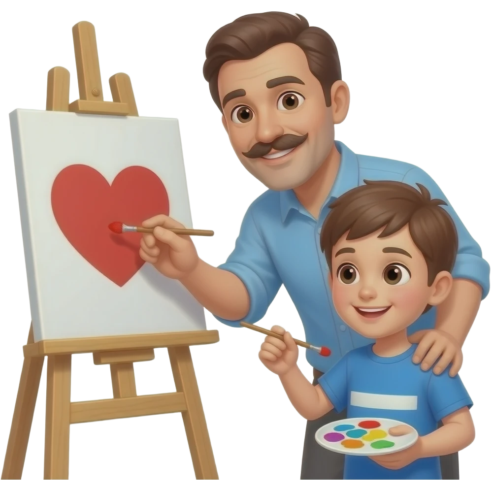 Vater (40) mit moustache und Sohn (23) malen zusammen ein Herz auf einer Staffelei emoji