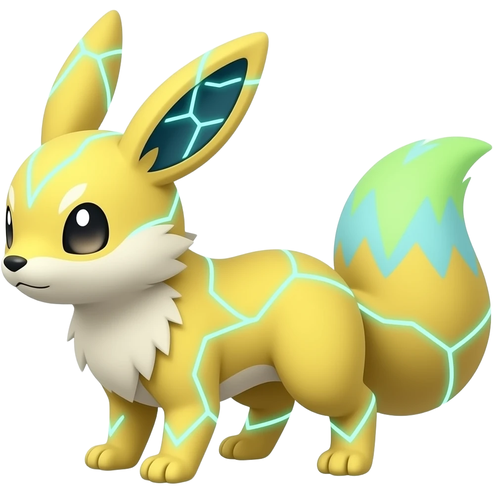 Yellow Zorua-Fennekin-Manectric-Electrike-Furret-Vaporeon-Fakémon-hybrid with glowing neon cyan markings emoji