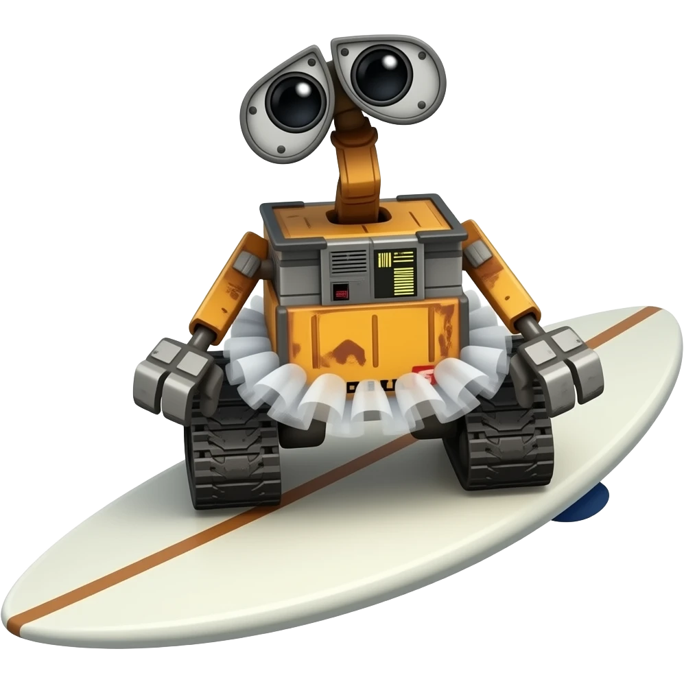tiny wall-e wearing a tutu on a surfboard emoji