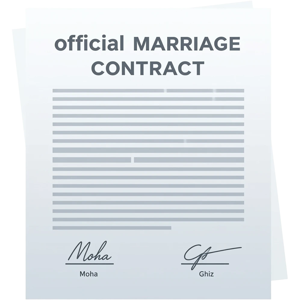 iOS-style emoji sticker of a minimal official marriage contract, clean glossy 3D iOS emoji style, simple decorative document with subtle signature lines, clearly showing “Moha” and “Ghiz” inside the contract text, centered, white/transparent background. emoji