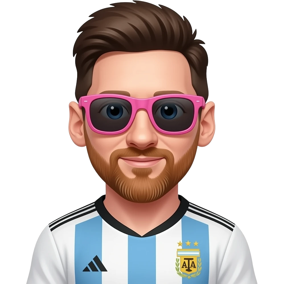 Messi emoji avatar, Argentina jersey. Exactly 1 medium pink sunglasses under the mouth on the chin, slightly tilted. emoji