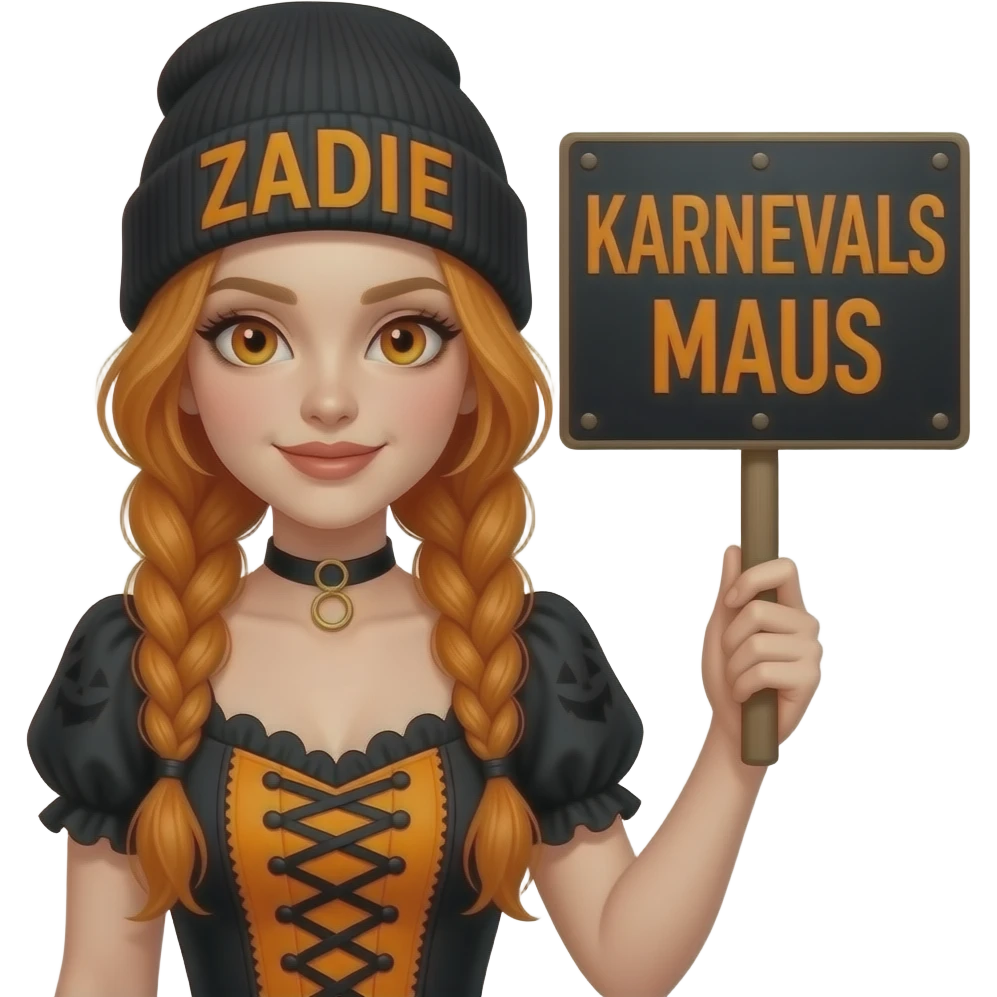 sexy girl with overlong ginger braids and ginger eyes wearing a halloween dress and a black beanie with ZADIE written on it, is holding a black sign with KARNEVALS MAUS written on it emoji