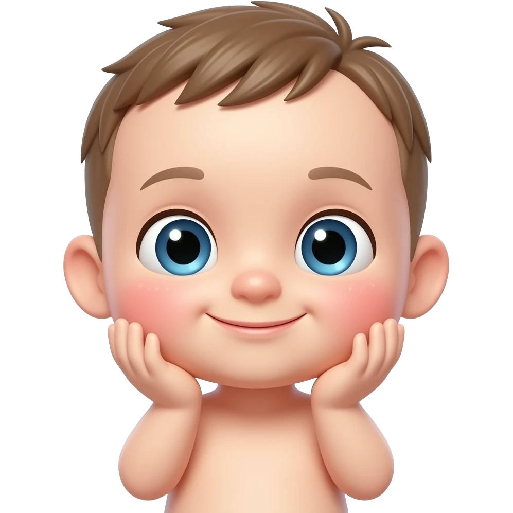 Cute 3D aegyo emoji icon, adorable baby-faced character with sparkling eyes, soft blushing cheeks, tiny smile, both hands gently placed near the cheeks in a cute pose, soft rounded glossy texture, clean white background, centered composition, minimal cute icon style. No apples, no fruit. emoji