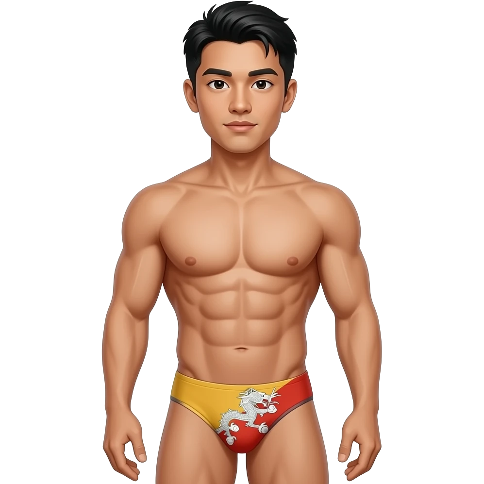 upper body (thighs-up) young man with bhutanese face, hair, and body standing with muscular build in thin, narrow thong with bhutan flag theme emoji