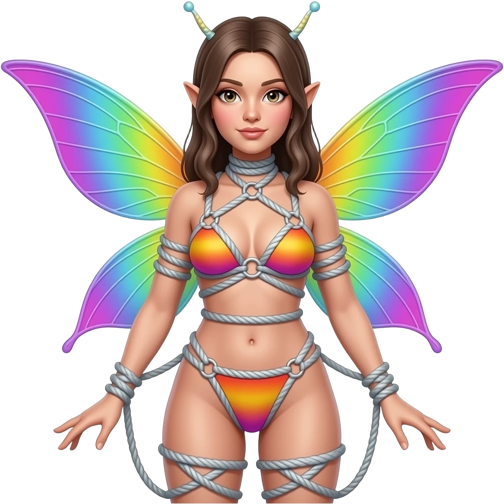 Masturbating submissive naked fairy in shibari rope body harness, full body. Rainbow fluo emoji