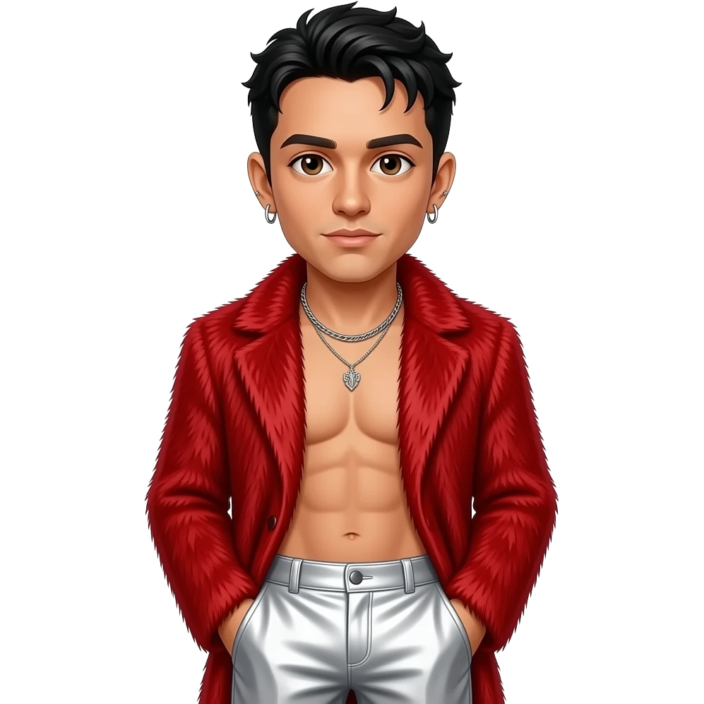 Jordan Knight from NKOTB with brown eyes, black hair, red fur coat, white metallic baggy pants, shirtless with necklace and earrings emoji