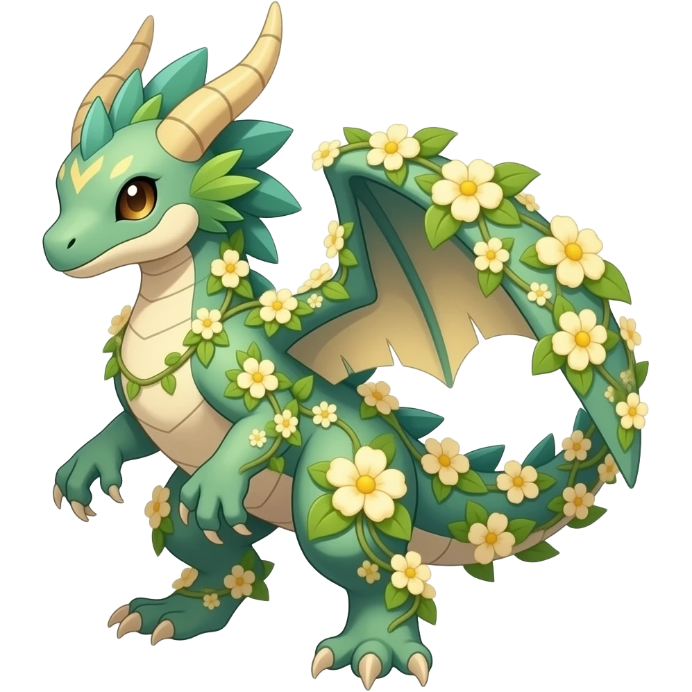 romantic floral ivy-vines-covered lush tropical Exotic greenish pastel Beige yellowish beautiful gorgeous attractive pretty Raptorik scaley feathery horned Amaura-Wargreymon-Aurorus-ExVeemon-WereGarurumon-Pokémon-Fakémon-hybrid-fusion-creature, full body emoji