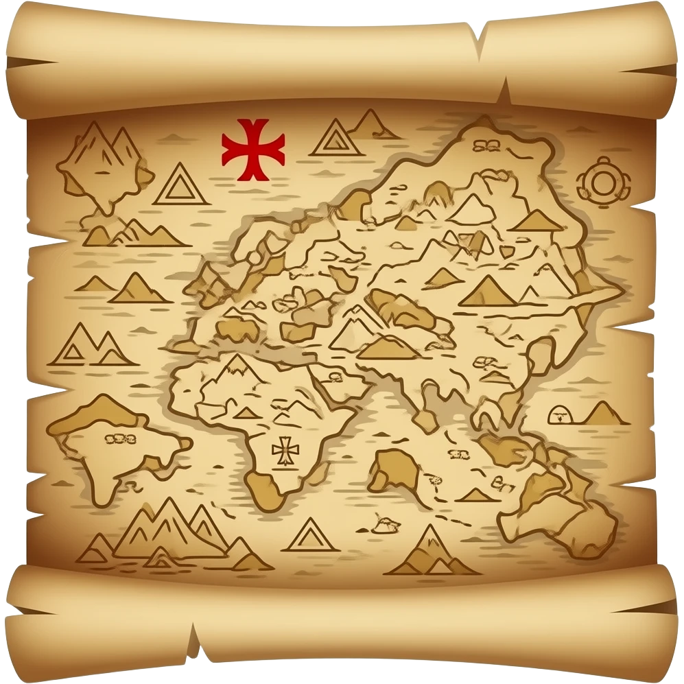 A treasure map, highly detailed, a small red Maltese cross X marks the location of the treasure, old parchment, slightly scrolled on top and bottom emoji