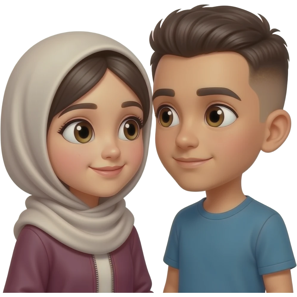 Girl in hijab gazing lovingly at a shaved-headed boy with brown eyes emoji