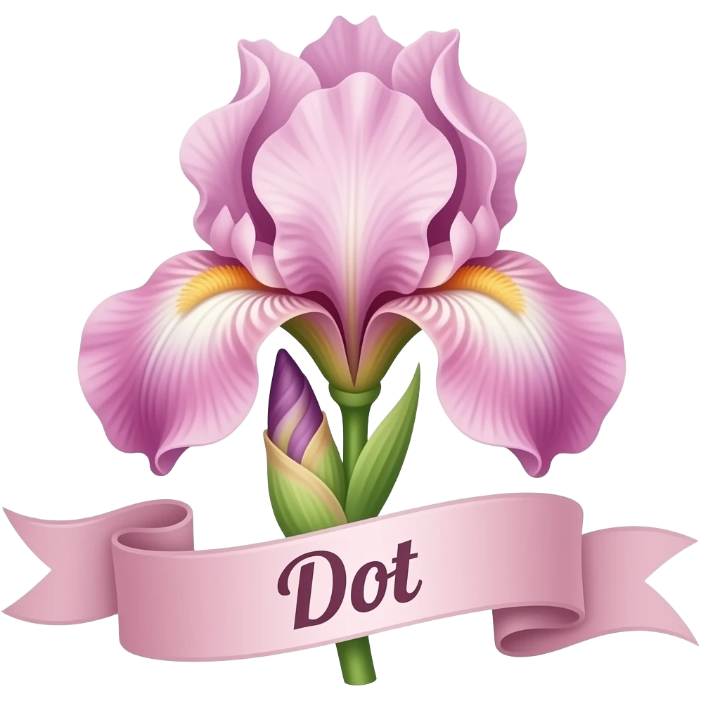 Pink irises with a ribbon that says Dot emoji