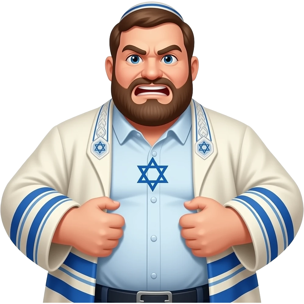 make a big fat jewish man in his jewish attire with a star of david on his chest, while he is slapping his belly aggresively emoji