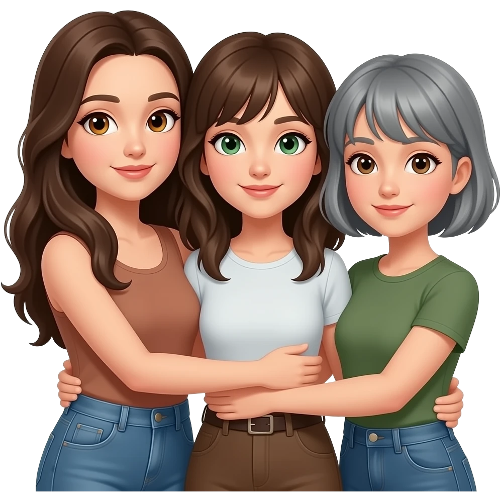 3 sisters all same height 1 long brunette hair,  1 shaggy hair to shoulders 1 grey short hair all hugging the one on the left hazel eyes, the middle one green eyes, the right brown eyes the girl with long hair has hazel eyes, girl with grey hair has dark brown eyes emoji