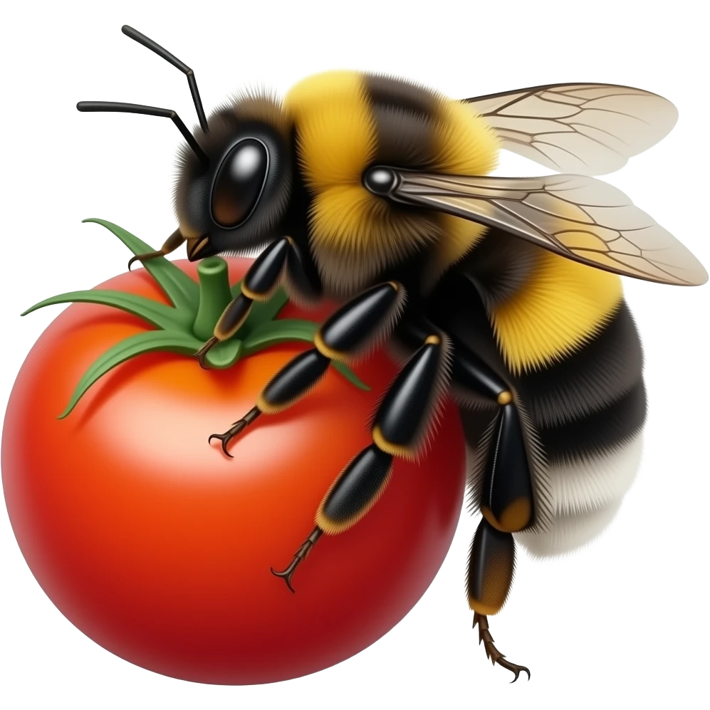 a yellow face cute bumblebee hugging a big cherry tomato emoji