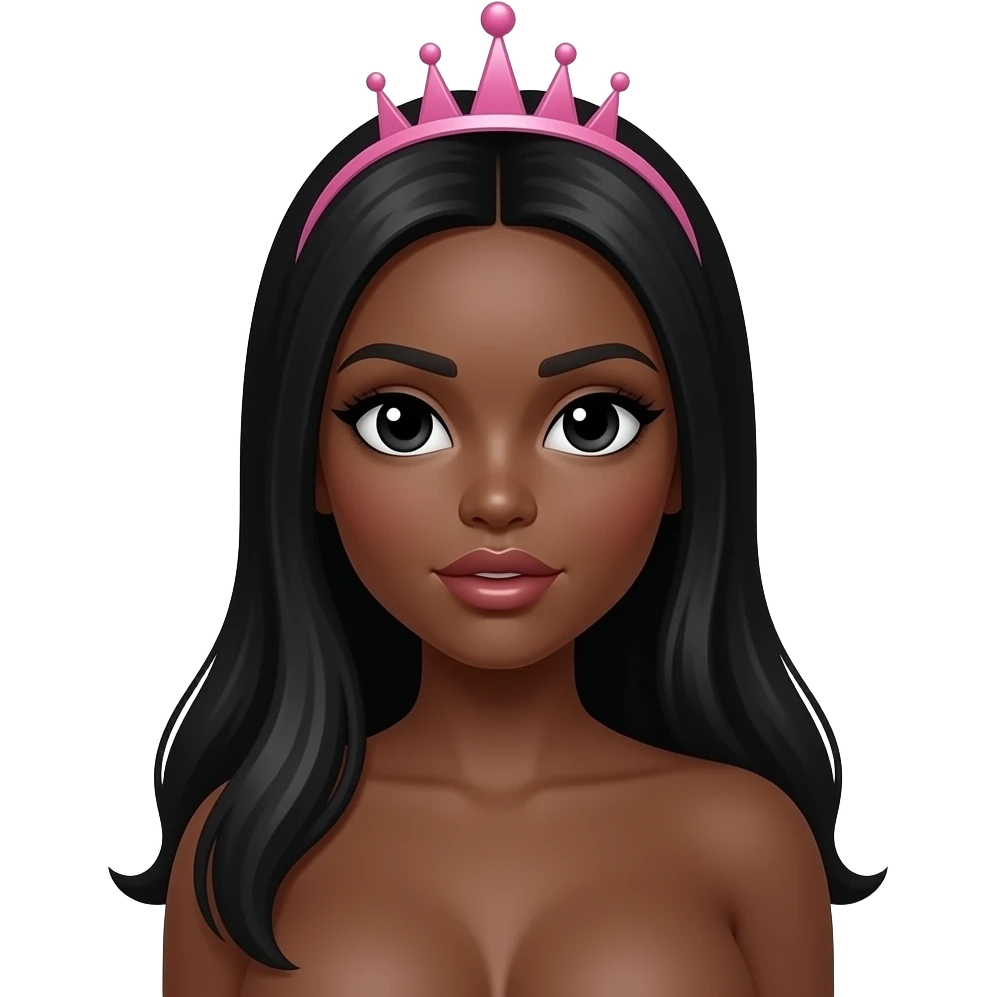 big lips, pink tiara, doll eyes, Doll, big chest, dark brown skin, with middle part long black hair, black cute eyes, with cute lip, without no bra emoji
