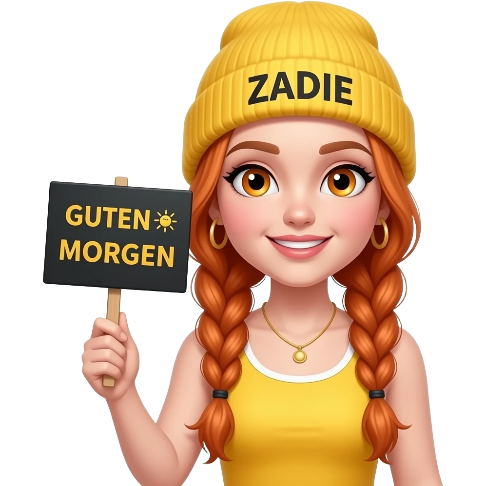 sexy girl with overlong ginger braids and ginger eyes wearing a yellow tanktop and a yellow beanie with ZADIE written on it, is holding a black sign with GUTEN MORGEN  🌞 written on it emoji