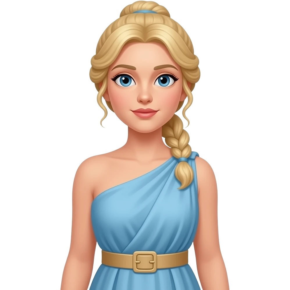 Greek godess with blonde hair, light blue dress that covers BOTH shoulders and beige wide belt, and hair in half updo emoji