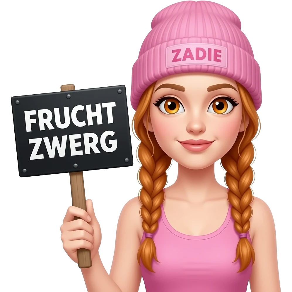 sexy girl with overlong ginger braids and ginger eyes wearing a pink tanktop and a pink beanie with ZADIE written on it, is holding a black sign with FRUCHT ZWERG written on it emoji