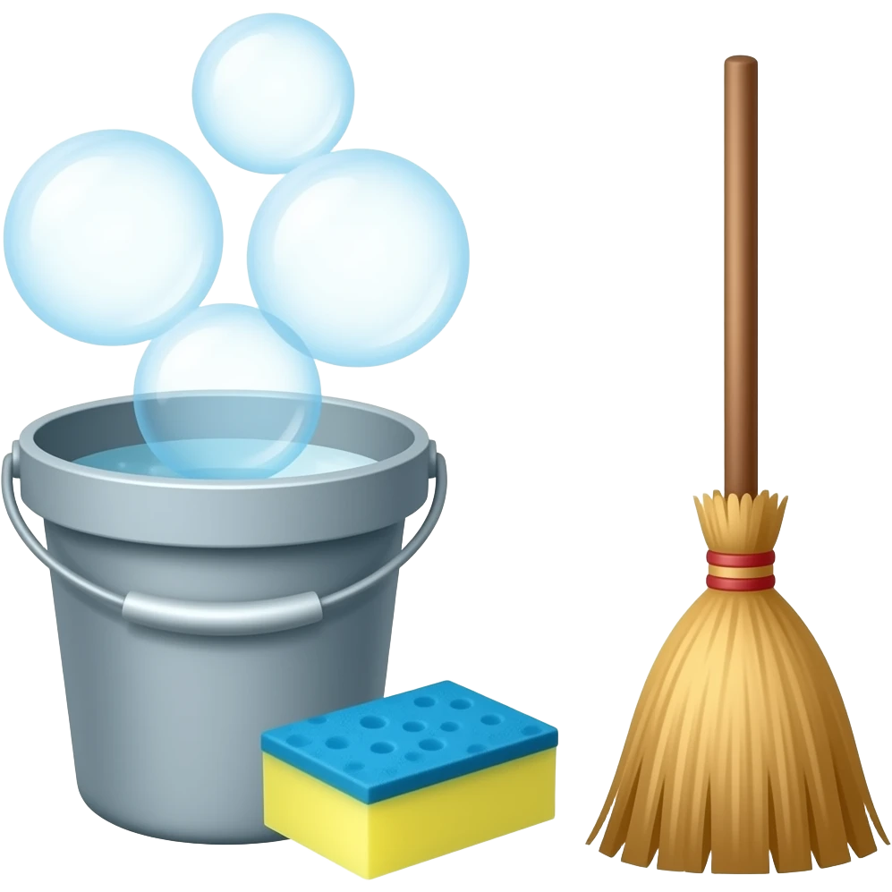 I want soap bubbles with a bucket, a cleaning sponge, and a broom. emoji