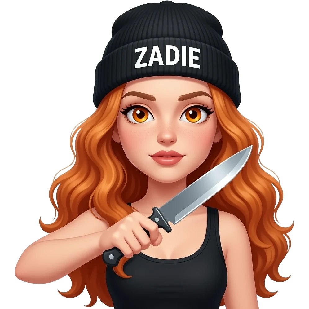 sexy girl with overlong wavy ginger hair and ginger eyes wearing a black tanktop and a black beanie with ZADIE written on it, is stabbing with a knife emoji