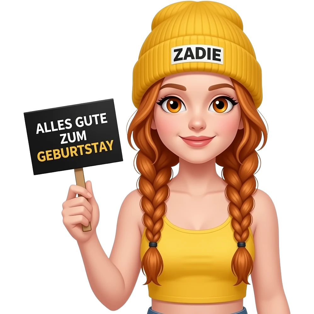 sexy girl with overlong ginger braids and ginger eyes wearing a yellow tanktop and a yellow beanie with ZADIE written on it, is holding a black sign with ALLES GUTE ZUM GEBURTSTAG written on it emoji