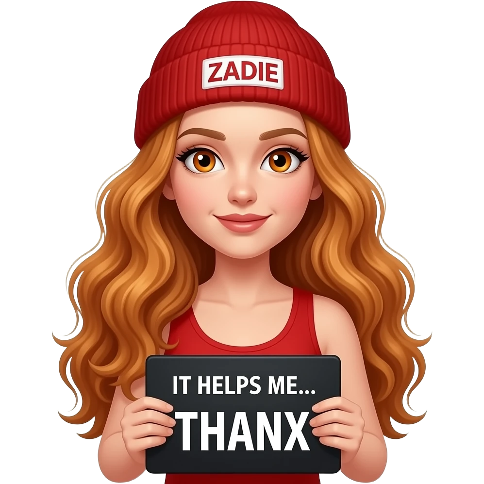 sexy girl with overlong wavy ginger hair and ginger eyes wearing a red tanktop and a red beanie with ZADIE written on it, is holding a black sign with IT HELPS ME... THANX written on it emoji