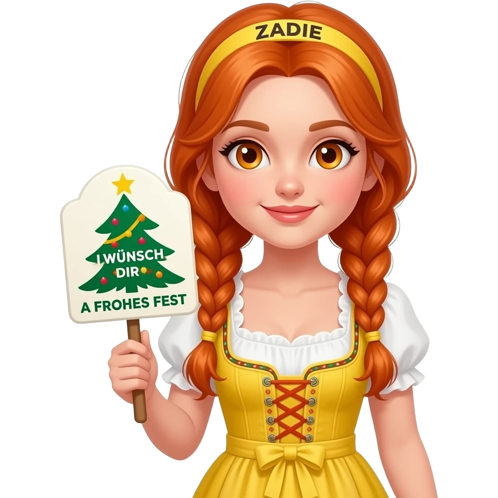 sexy girl with overlong ginger braids and ginger eyes wearing a yellow dirndl and a yellow headband with ZADIE written on it, is holding a sign with I WÜNSCH DIR A FROHES FEST 🎄 written on it emoji