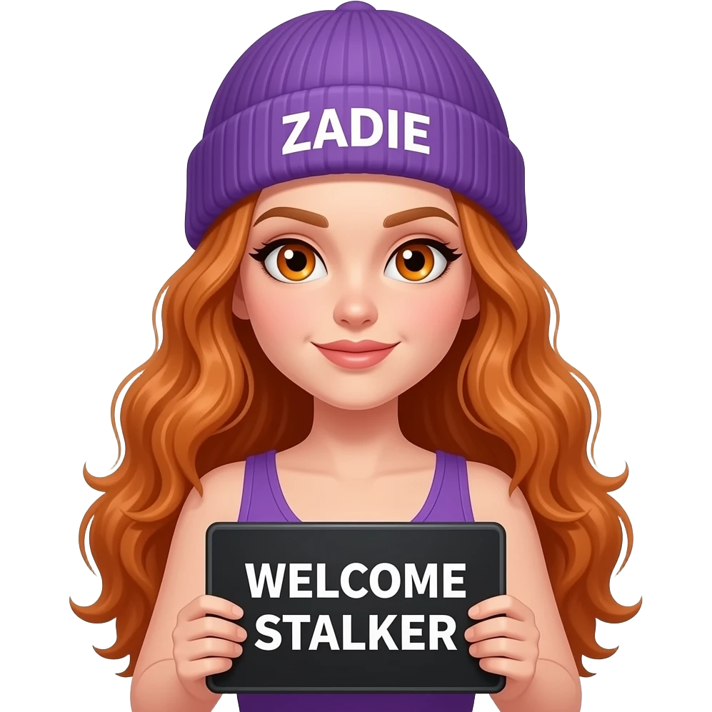 sexy girl with overlong wavy ginger hair and ginger eyes wearing a purple tanktop and a purple beanie with ZADIE written on it, is holding a black sign with WELCOME STALKER written on it emoji
