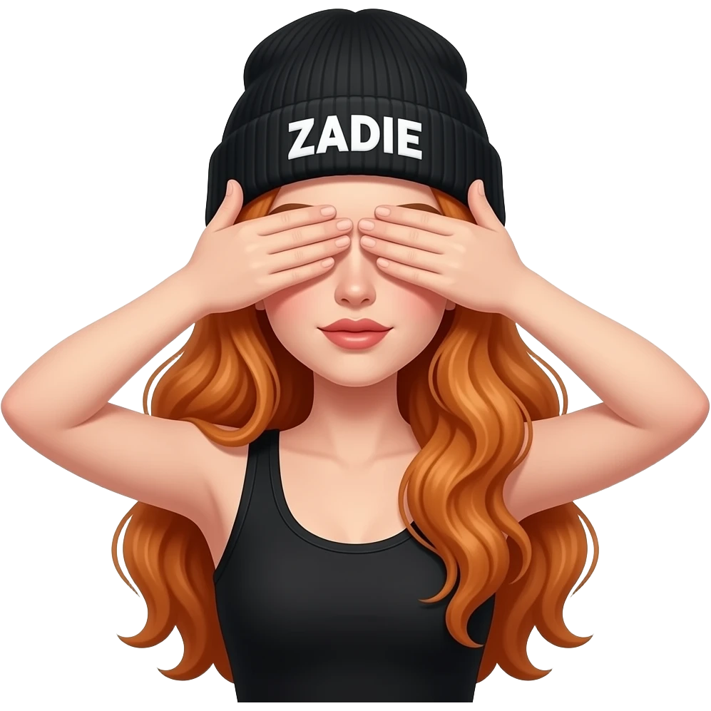 sexy girl with overlong wavy ginger hair and ginger eyes wearing a black tanktop and a black beanie with ZADIE written on it, is covering her eyes with her hands emoji