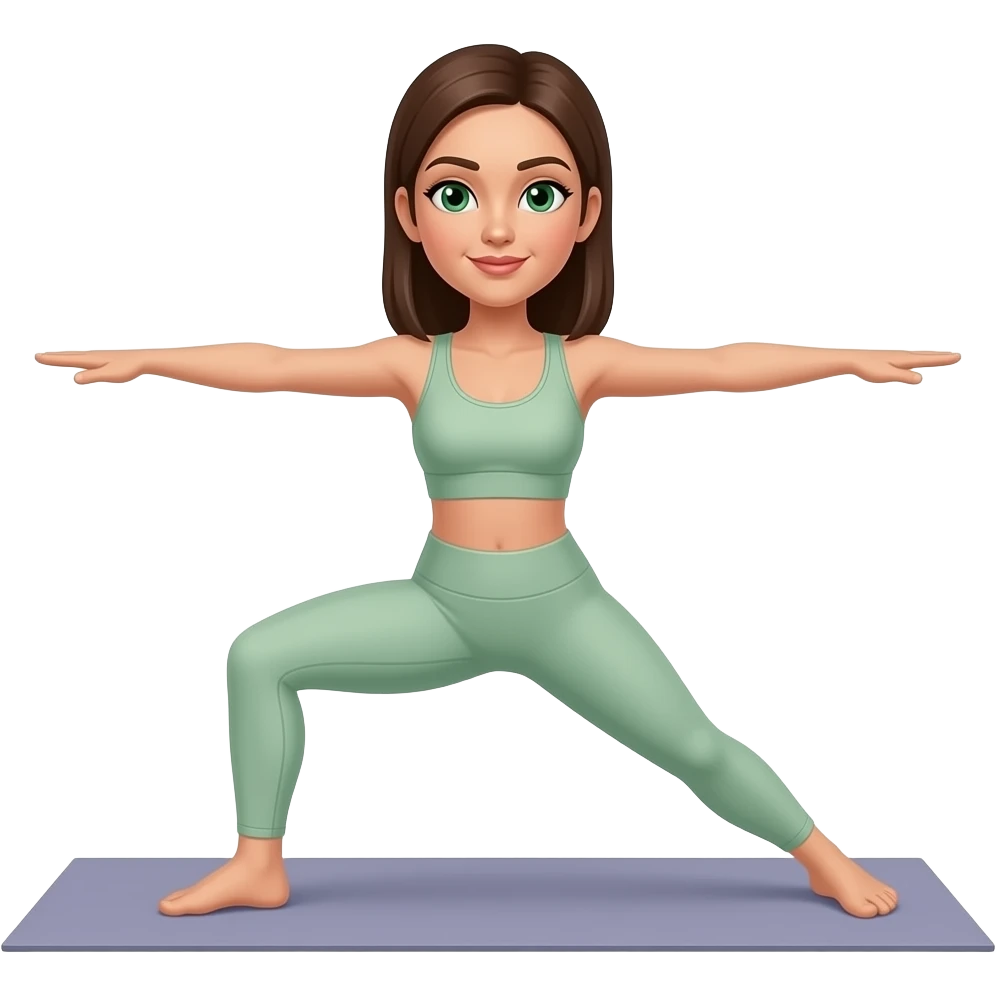 woman in a light warm green workout set with straight brown hair and green eyes doing a yoga pose without sneakers and yoga mat emoji