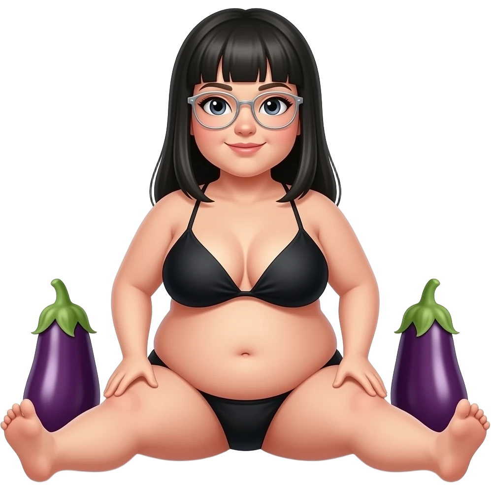 chubby woman with long stright black hair, silver  thin framed glasses, black bikini, with belly rolls sitting with legs spread with eggplant between thighs emoji