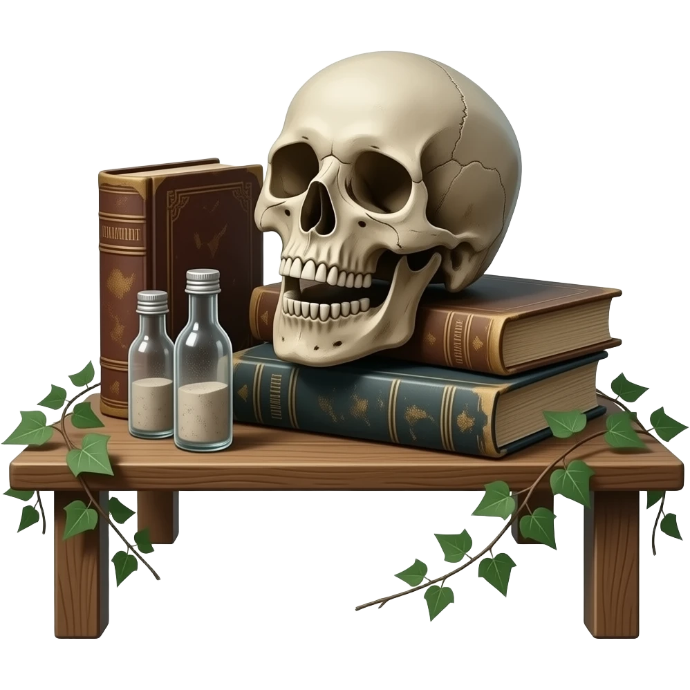 realistic cinematic - Joel Peter Witkin style - still life arranged on a wooden board, includes a corpse's head, tiny dusty bottles, old battered books, some wrapped ivy emoji