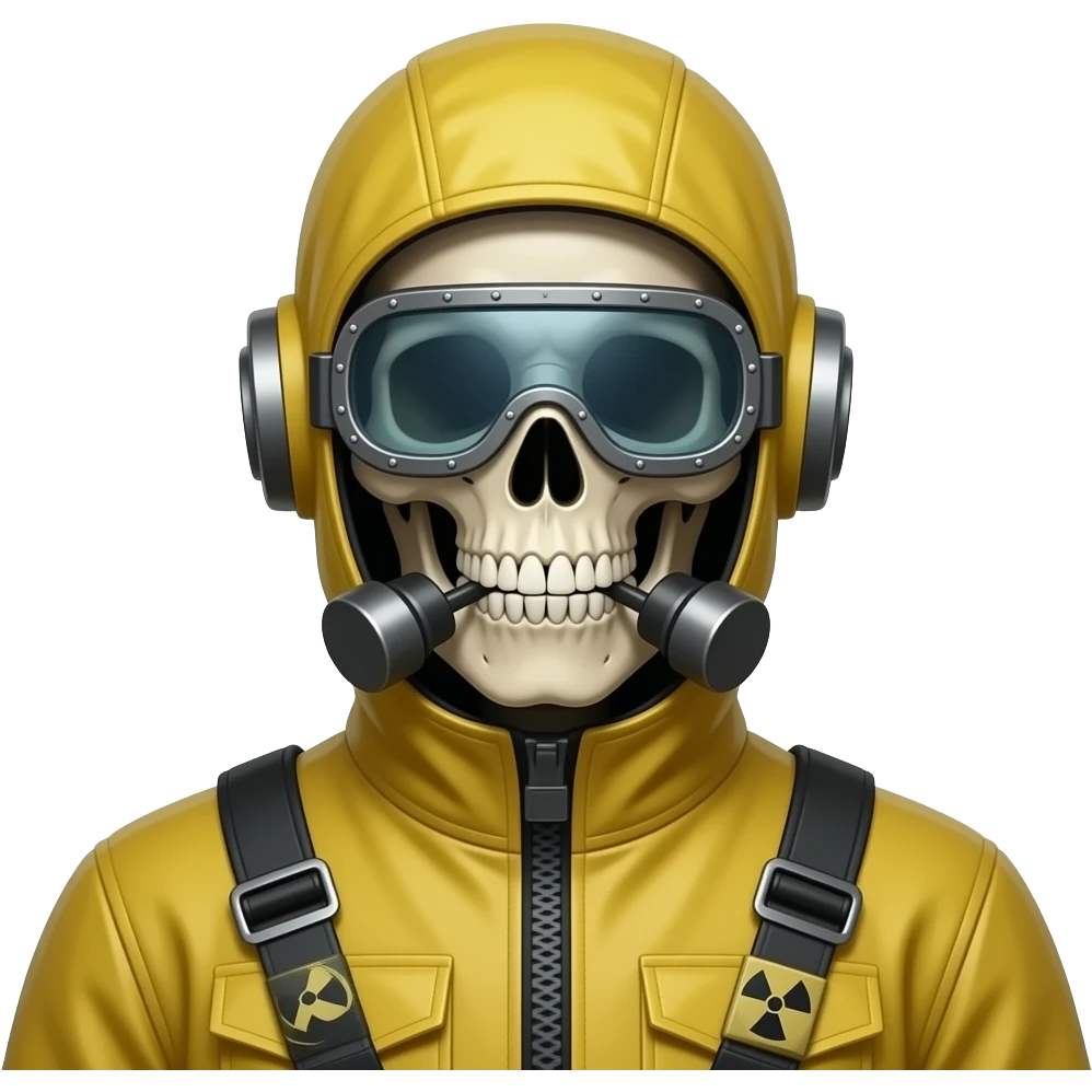 a skeletal figure wearing a radiation suit who embodies the phrase "See no evil, hear no evil, speak no evil" as well as a symbol of censorship. His eyes are covered by a riveted-on visor, his mouth is clamped shut, and his ears are closed with metal caps emoji