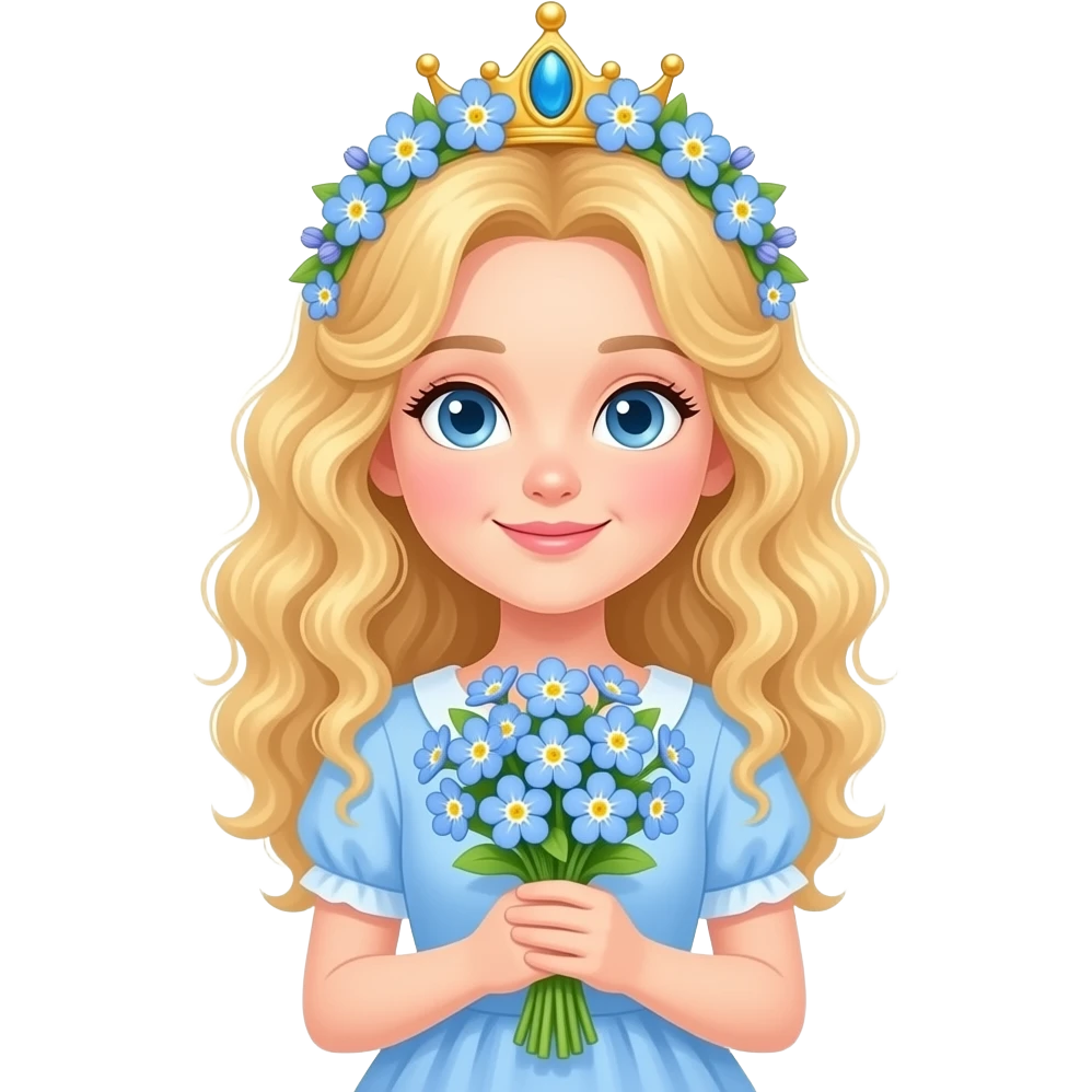 “Cute kawaii emoji of a blonde curly-haired girl wearing a crown of forget-me-not flowers (myosotis), holding a bouquet of forget-me-nots, pastel blue and lavender tones, soft chibi sticker style, white or transparent background, with the text ‘forget me not’ written aesthetically on the side.” emoji